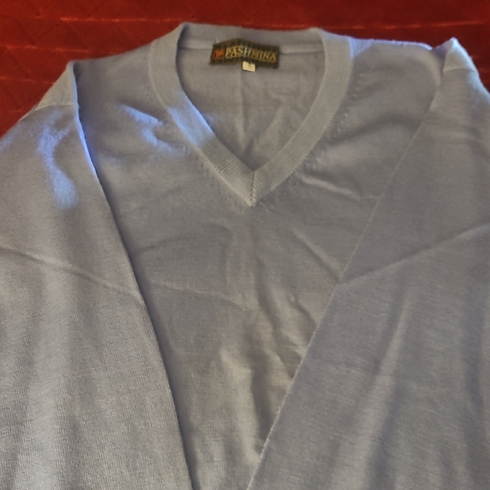 Pashmina Cashmere Sky Blue V-Neck Men's Sweater Size L